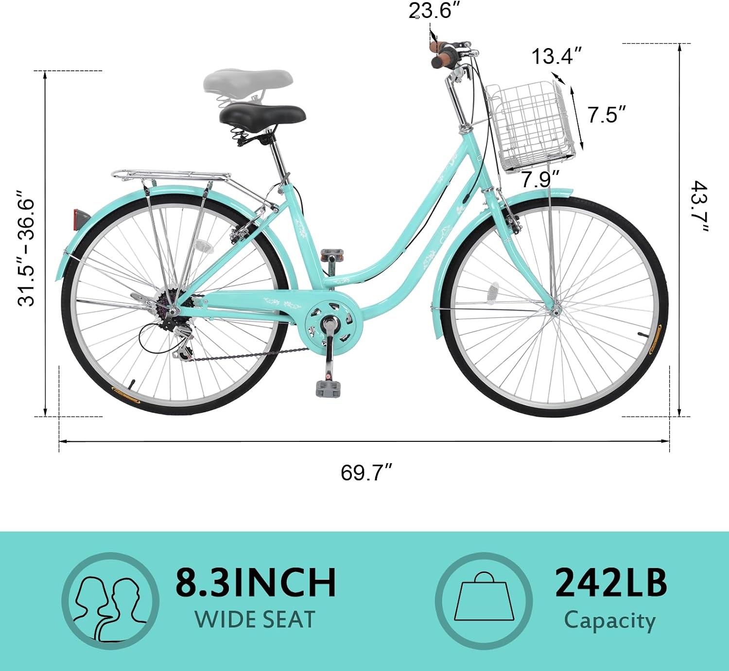 Ktaxon Women Bike 24/26 Inch Bicycles for Women, Beach Cruiser Bike with Premium Derailleur & Shift Lever, Adjustable Seat, High-Carbon Steel Frame and Excellent Welding Technology | Premium Derailleur, Shift Lever, Adjustable Seat