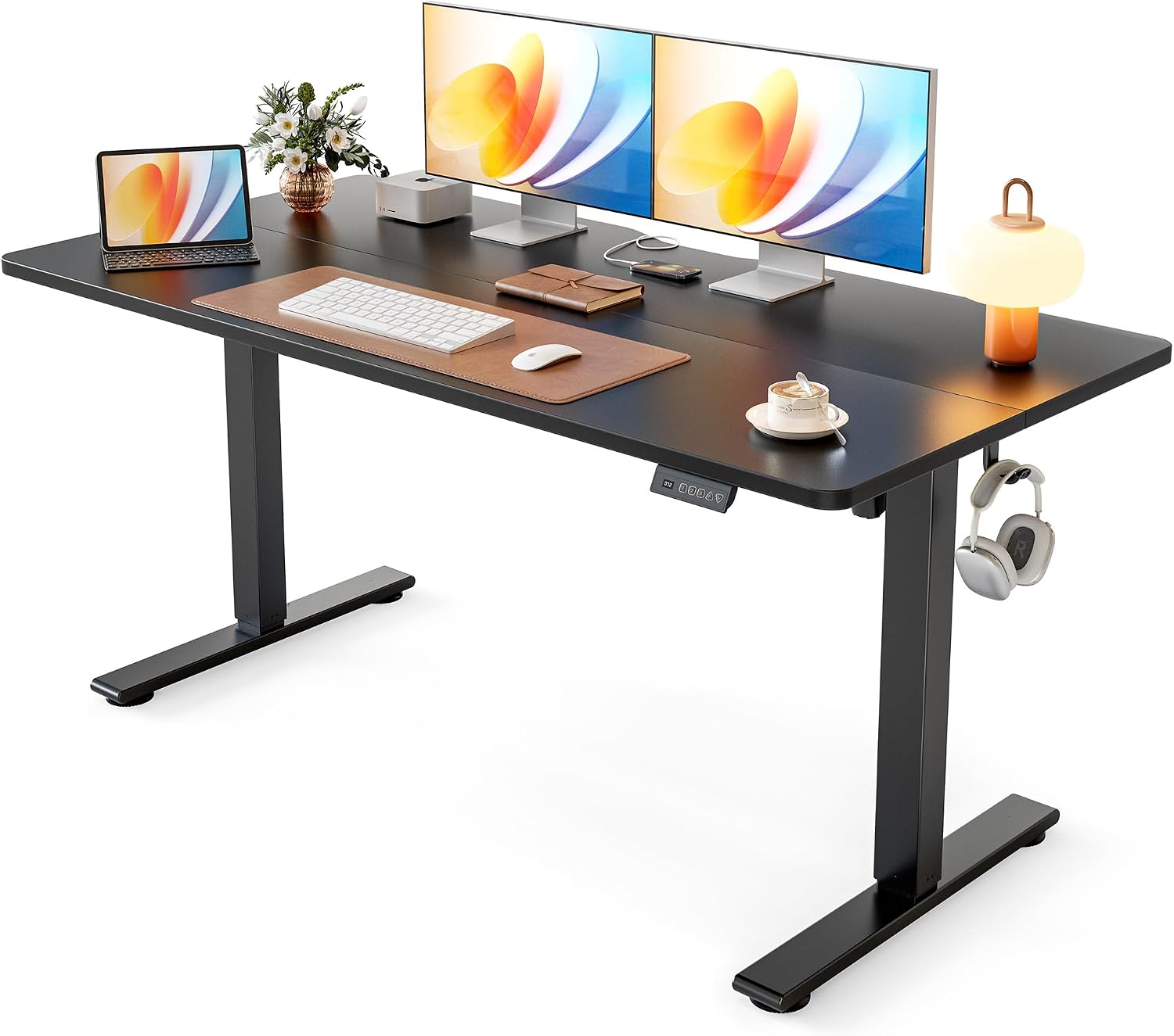 Cubiker Standing Desk, 55x28 Inches Sit Stand Home Office Desk, Electric Stand up Desk, Adjustable Desk with Splice Board, Black Frame/Black Top