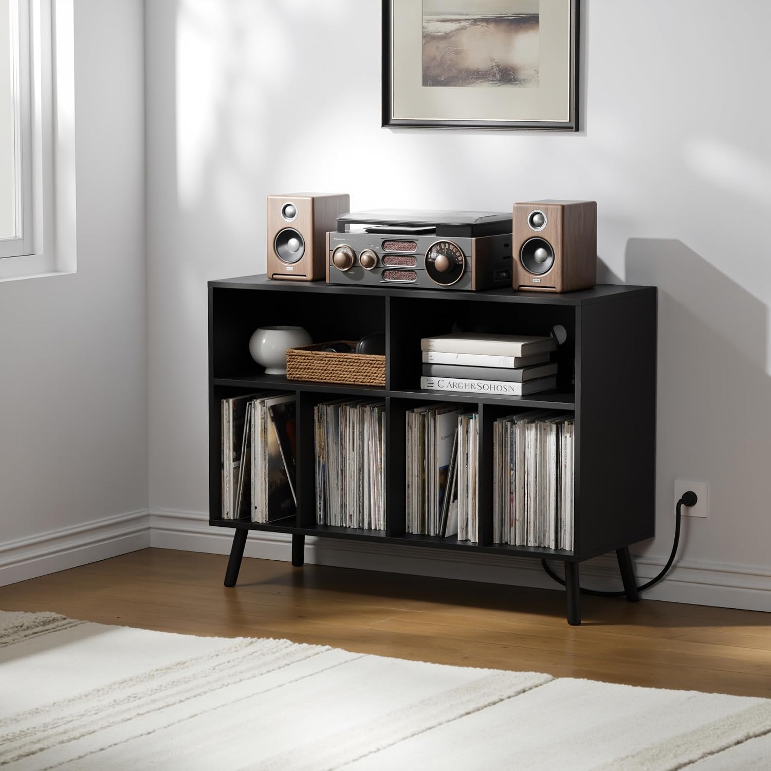 Cozy Castle Record Player Stand with Vinyl Storage Cabinet, Wood Turntable Table Open Shelf Holder Up to 350 Albums Cube Storage Organizer for Living Room, Office, Black