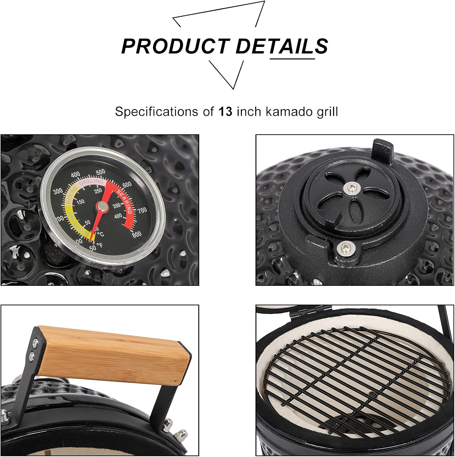 Outvita Ceramic Grill, 13' Round Kamado Charcoal Grill, Portable Barbecue Grill with Thermometer for Variations on Cooking Methods(Black)