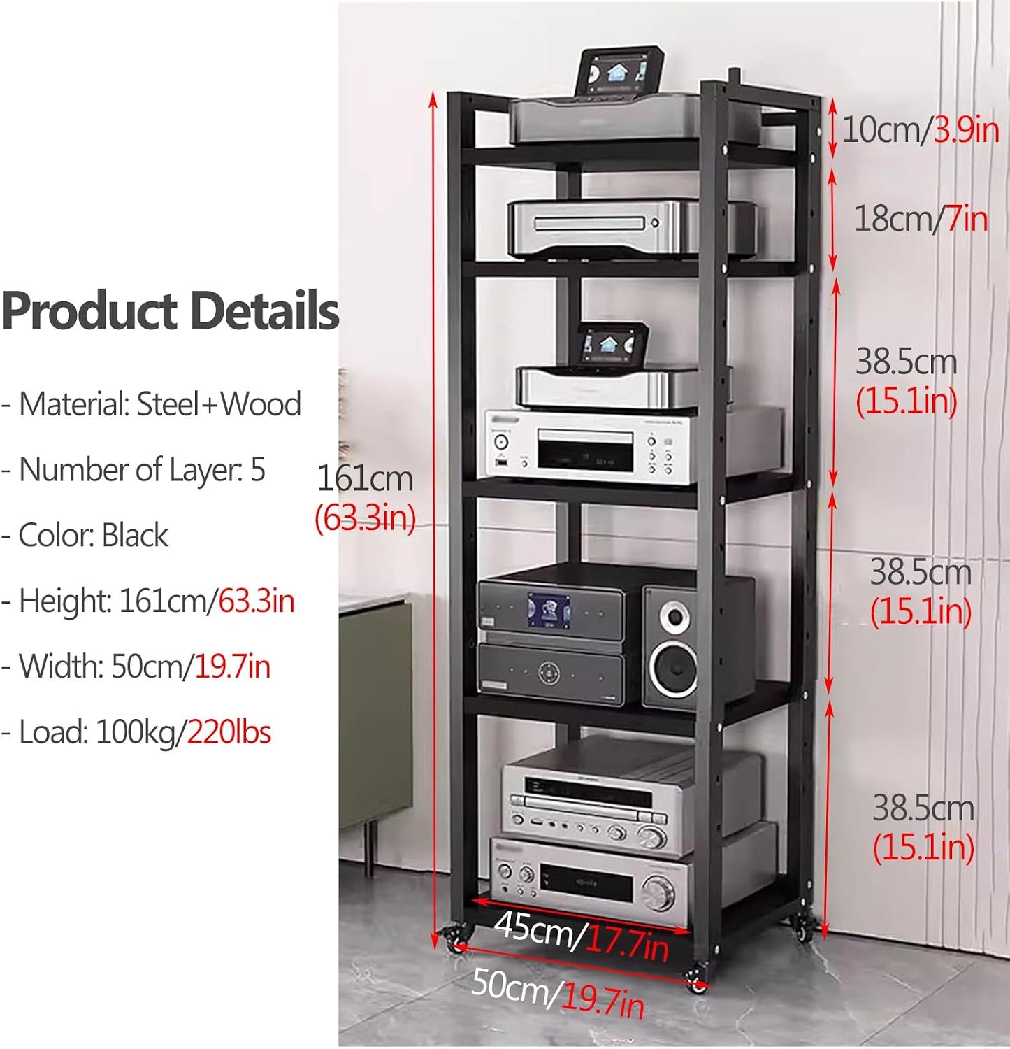 Audio Rack Av Tower Media Stand 5-tier Electronics Equipment Shelf, 6 7 8 Shelf Tall Rolling Stereo Cabinet Racks With Wheels & Height-Adjustable Shelf For Amplifiers/Players/TV, Black-a-5-Tiers