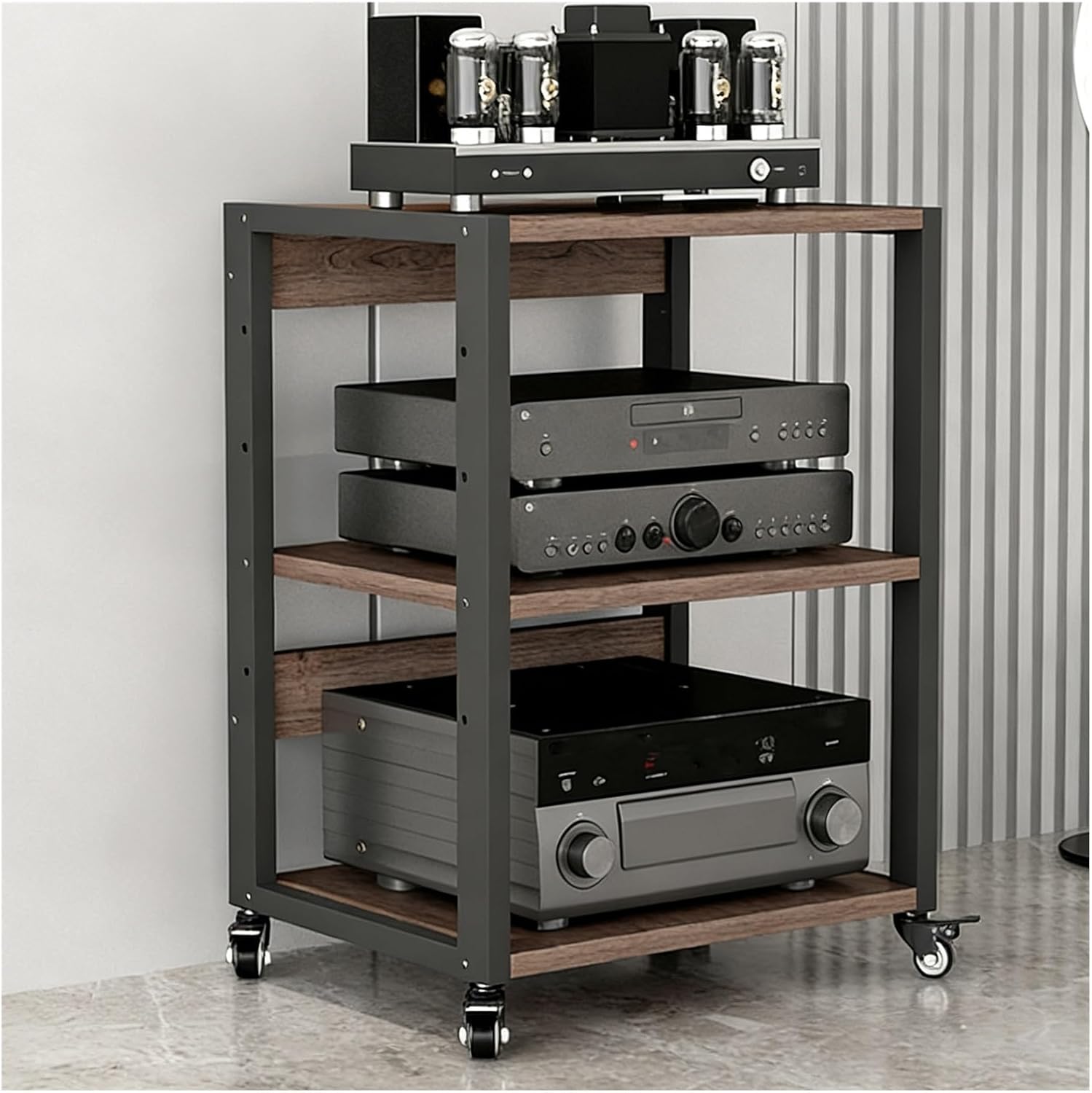 YLLFFLL Home Audio Rack with Wheels 3 4 5 Tier, Floor Standing Removable Stereo Cabinet Media Organizer Equipment Shelf, HiFi Stands with Height-Adjustable Shelf(W 19 7/10IN,3 Shelf)