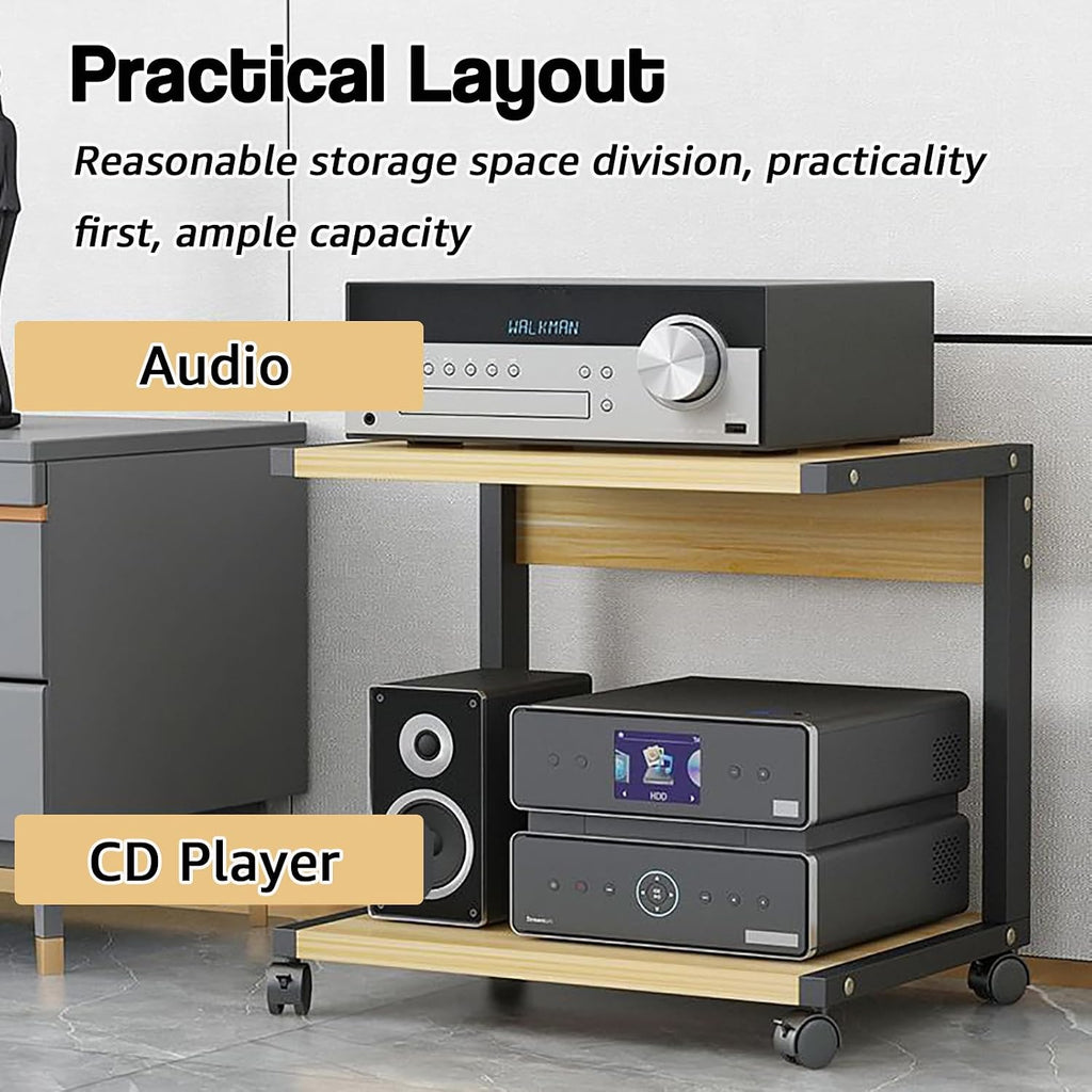 2-Tier AV Media Stand Audio Rack Tower Stereo Cabinet, Audio-Video Shelving with Wheels, Game Console Entertainment Shelf for TV/DVD/CD Record Player,C,20×16×12in/50×40×30cm