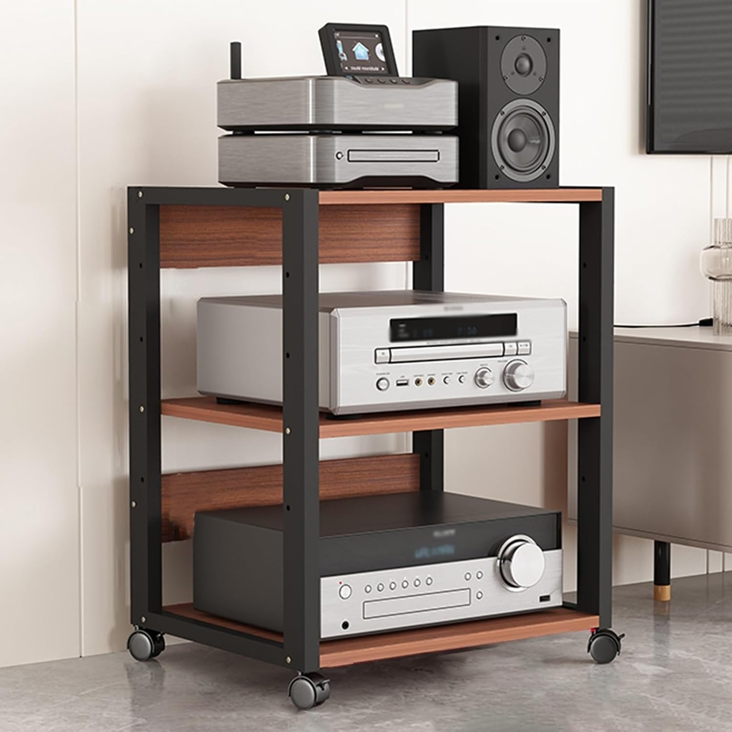 WDJBPSH Audio Equipment Rolling Cart Rack Portable 19/27 inch - Large Stereo Cabinet Black with Storage Office Bedroom Living Room Av Media Shelf(Style 2,3 Tier - H 69.5cm/27.3 in)