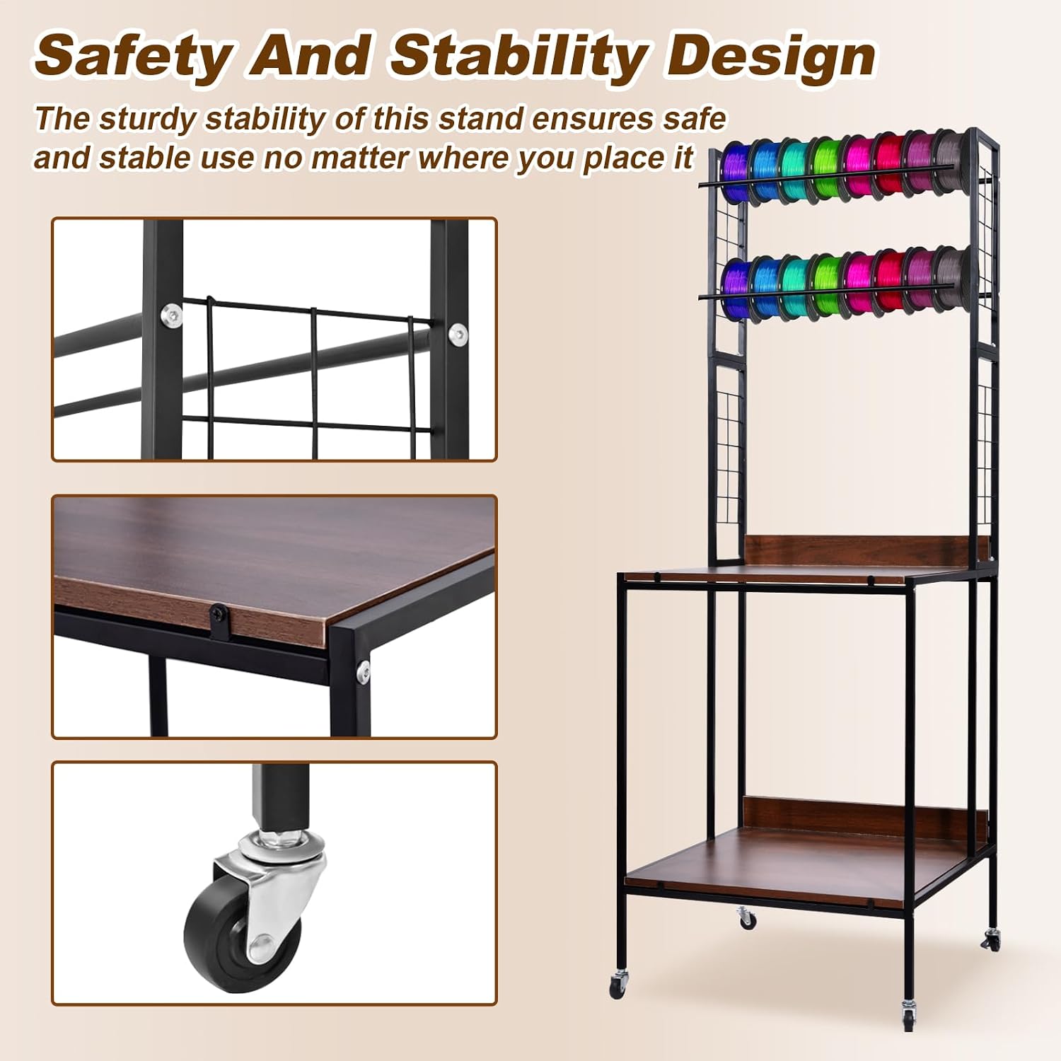 3D Printer Table Stand 2 Layer Rolling 3D Printer Filament Storage Desk Rack Heavy Duty Mobile Table with Feet & Locked Wheels for PL.A ABS PET.G Studio Office Workshop Storage Organization
