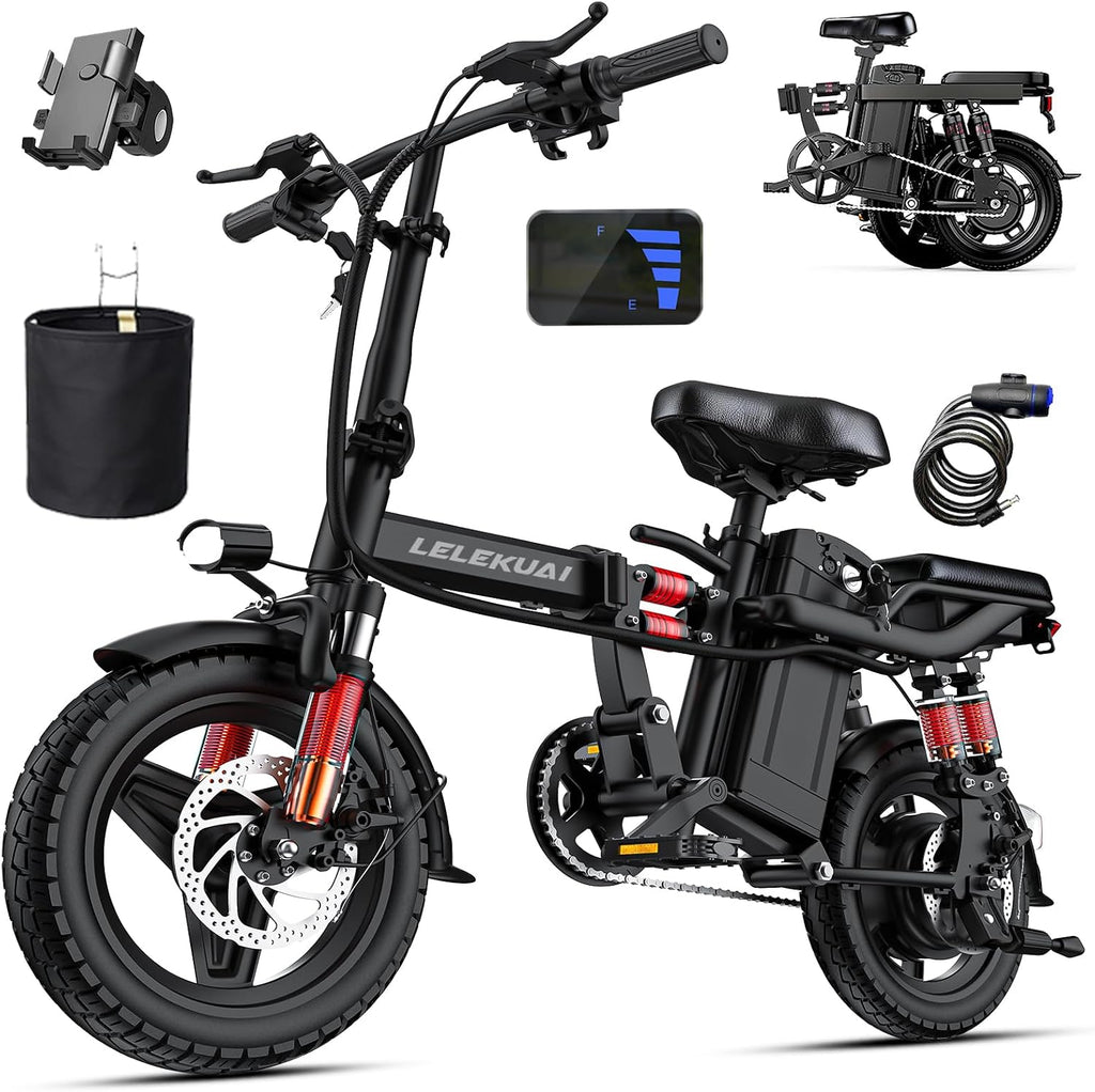 LELEKUAI Electric Bike for Adults and Teens, 520W-560W Motor, 20-24MPH, 32 Miles Range, 48V 10Ah Battery, 3-Level Pedal Assist, 14' Foldable Mini Electric Bicycle, UL 2849 Certified