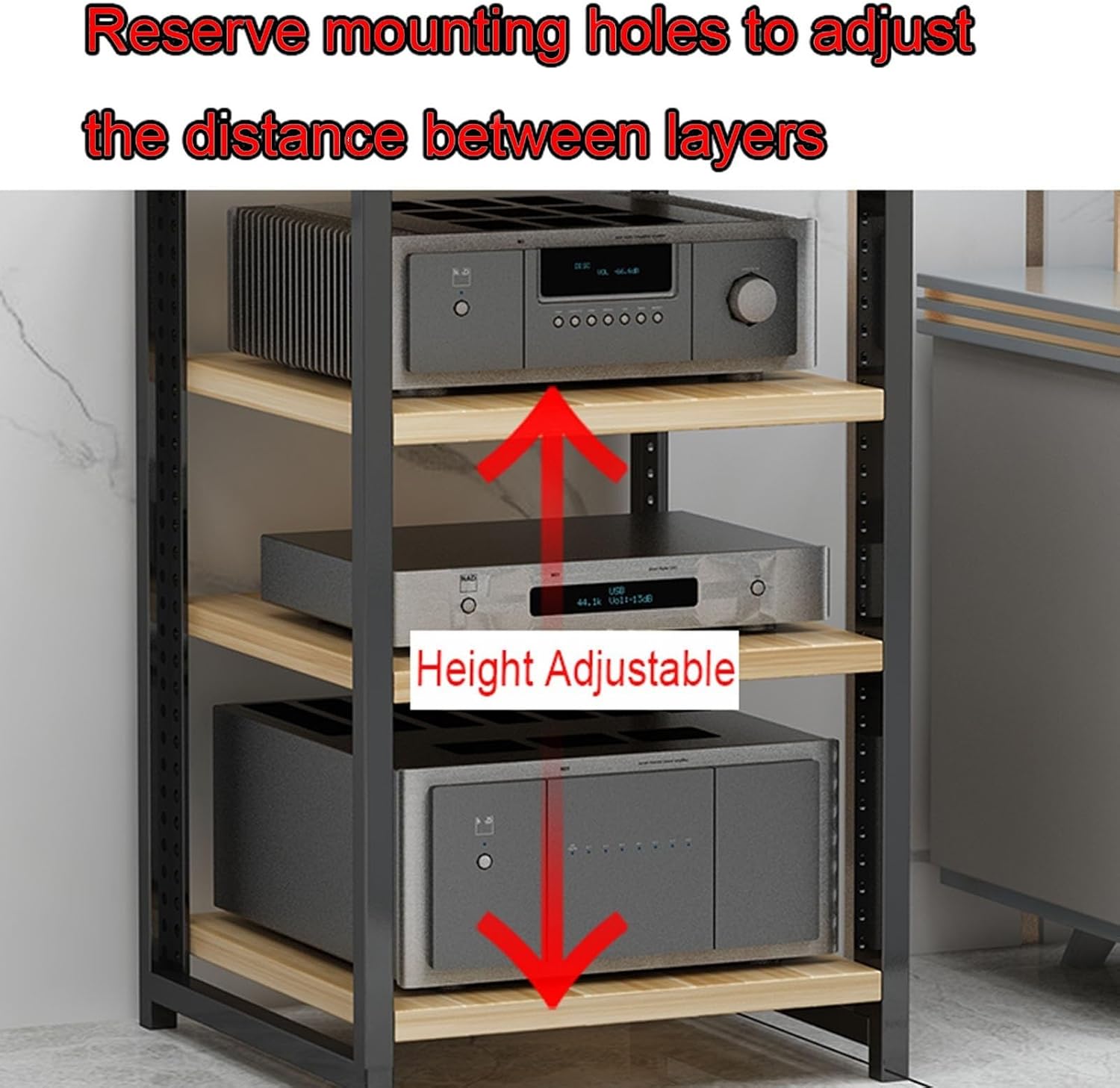 3/4/5/6 Tier Furniture Media Stand Audio Rack DVD CD Player Stand Power Amplifier Equipment Cabinet with Height Adjustable Wooden Shelf, Floorstanding Storage Shelves, 4 Colors