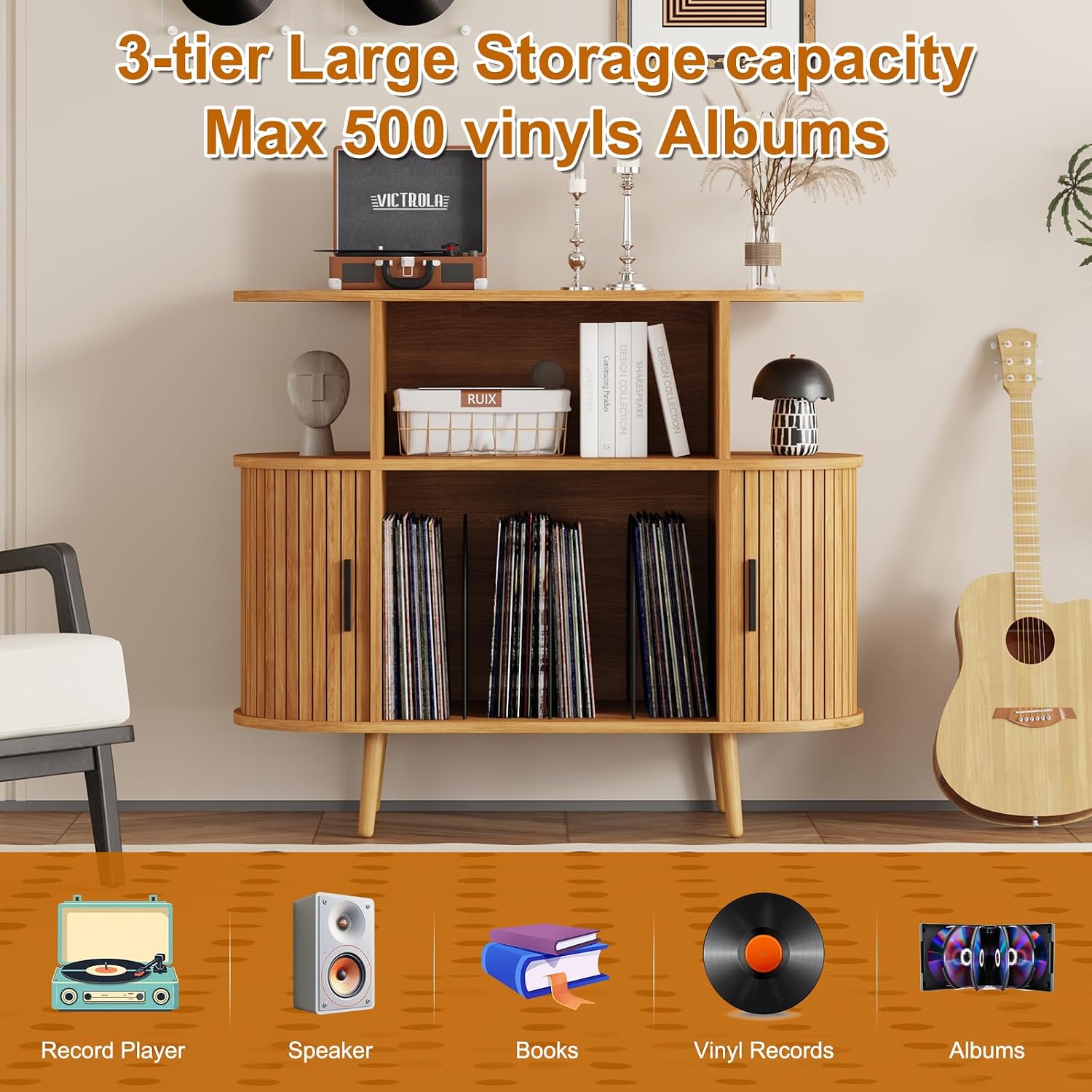 35.4' Record Player Stand with Storage - Vinyl Record Storage Cabinet & Media Console Holds 300+ Records, Mid Century Modern Turntable Stand for Living Room (Natural, 35.4')