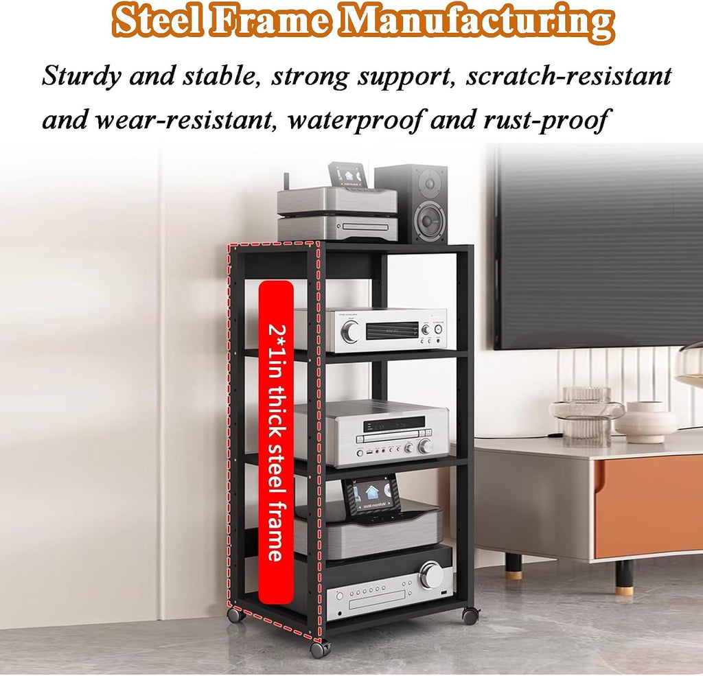 7-Tier HiFi Stand, Movable AV Media Cabinet, Modern Teak Audio Equipment Organizer for Home & Office Storage, Sturdy Component Shelf 55x40x131cm