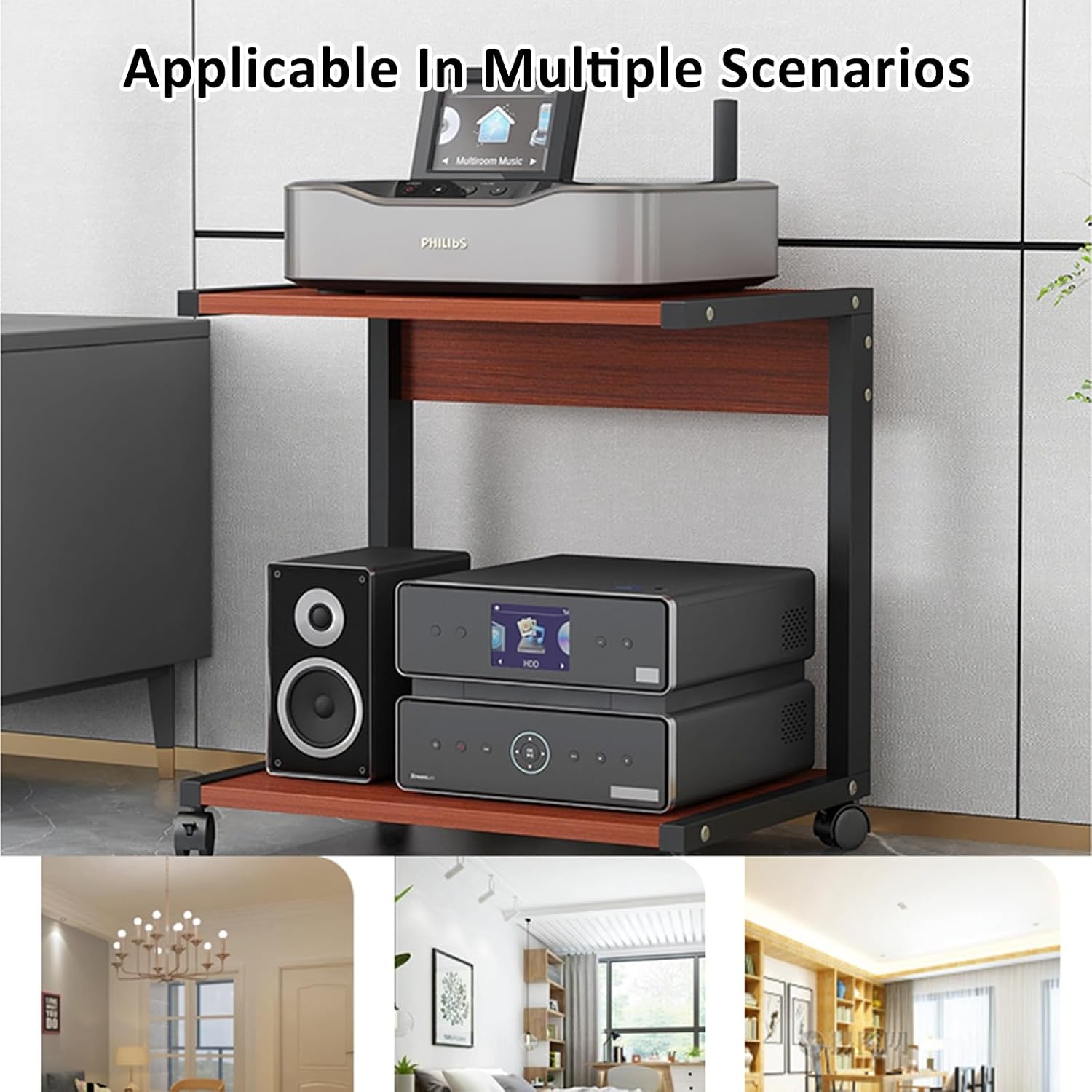 Modern 2-Tier AV Media Stand with Wheels - Height Adjustable Wooden Shelves, Corner Shelf Media Console Cabinet, Stereo Rack & Storage in Deep Black (50x40cm)