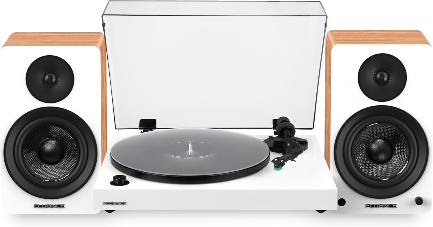 Fluance RT81+ Elite Vinyl Turntable (White) and Ai61 6.5' Stereo Bookshelf Speakers (Lucky Bamboo) Bundle: High Fidelity Sound, Detailed Audio Reproduction, Seamless Integration
