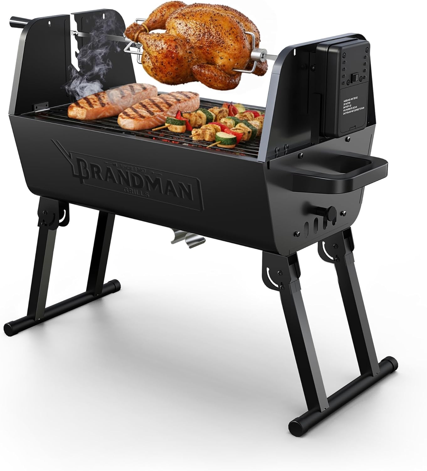 BRANDMAN GRILLS SINCE 1987 Rotisserie Grill Charcoal BBQ Grill 2-in-1 Portable Foldable Outdoor Grill 257 sq.in. Charcoal Spit Rotisserie Grill for Whole Chicken Steaks Burger Camping Picnic Gathering