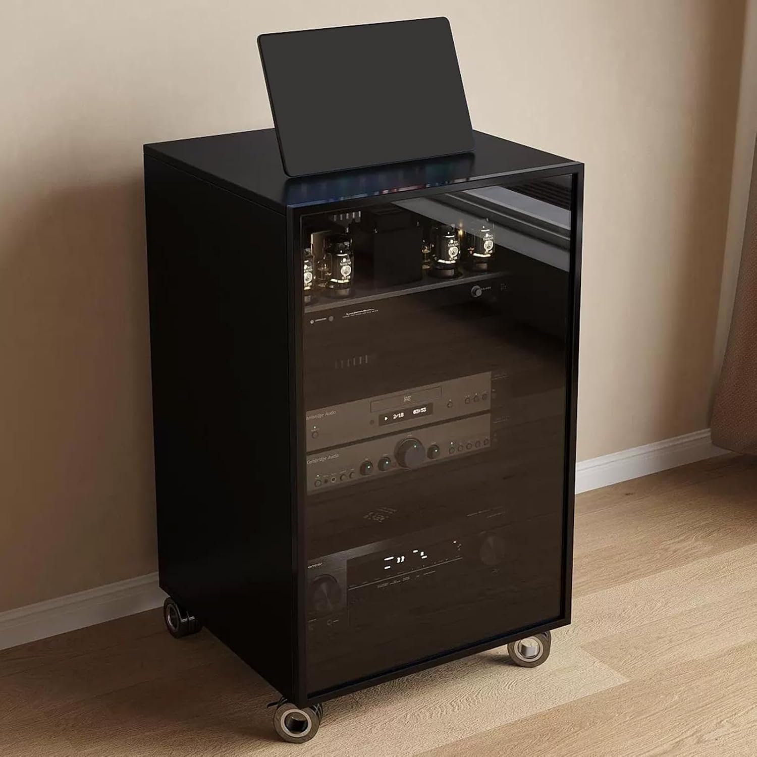 Modern Black Media Storage Cabinet with Glass Door and Cable Holes Adjustable Shelves Movable Stereo Stand for Tv and Audio Equipment 55X45X100Cm 4 Tier,Black3 Tier 55X45X80Cm