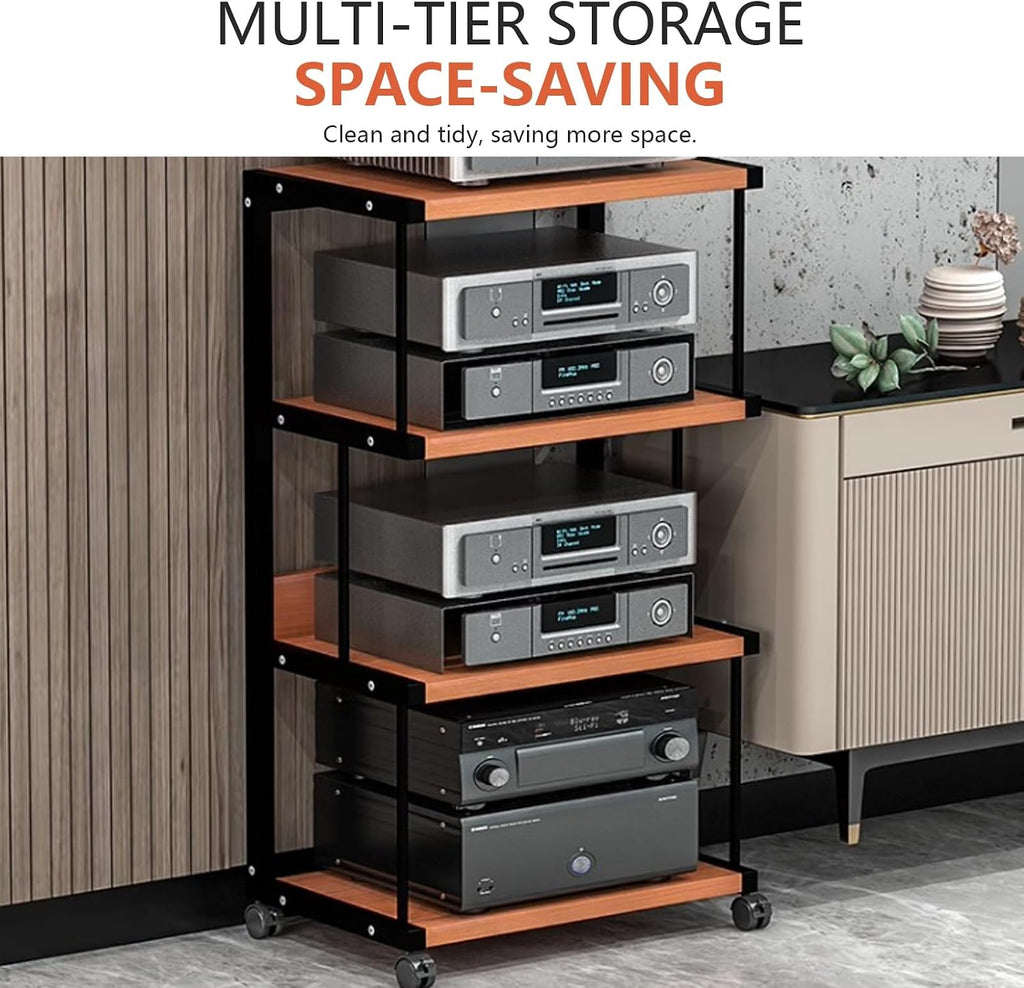 Mobile AV Media Stand on Wheels, 3-Tier Open Storage Rack for HiFi Stereo & Small Video/Audio Equipment, Metal Space-Saving Design, Easy Assembly (Black)