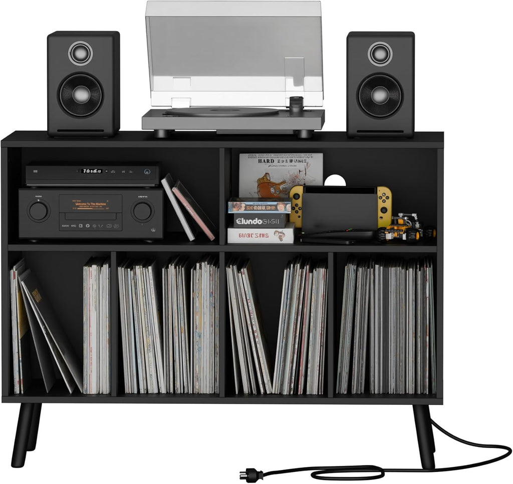 Cozy Castle Record Player Stand with Vinyl Storage Cabinet, Wood Turntable Table Open Shelf Holder Up to 350 Albums Cube Storage Organizer for Living Room, Office, Black