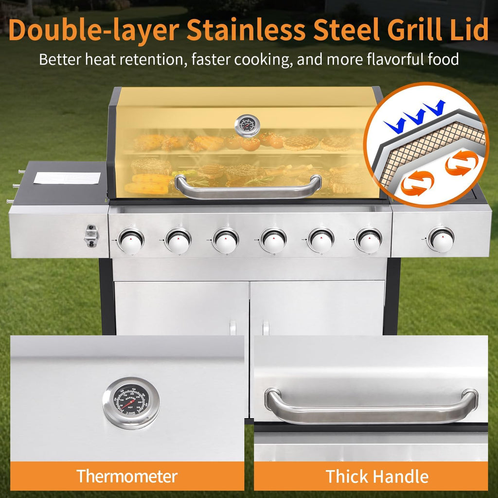 6 Burner Propane Gas Grill with Side Burner, Cast Iron Grates, Plate, Lid and Warming Rack, Large Cabinet Style BBQ Grill for Barbecue Grilling Backyard Cooking, 620 SQ. IN. Cooking Area
