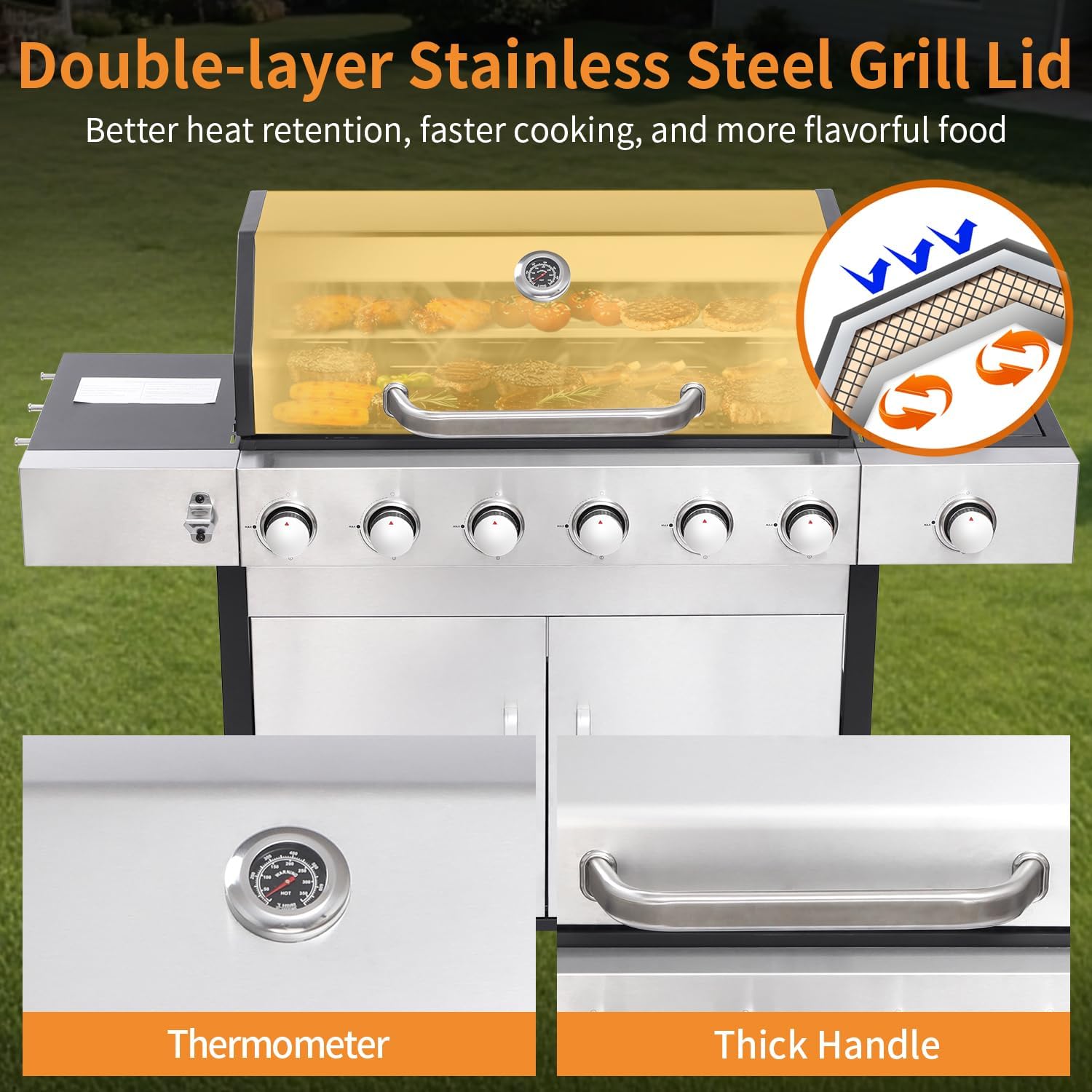 6 Burner Propane Gas Grill with Side Burner, Cast Iron Grates, Plate, Lid and Warming Rack, Large Cabinet Style BBQ Grill for Barbecue Grilling Backyard Cooking, 620 SQ. IN. Cooking Area