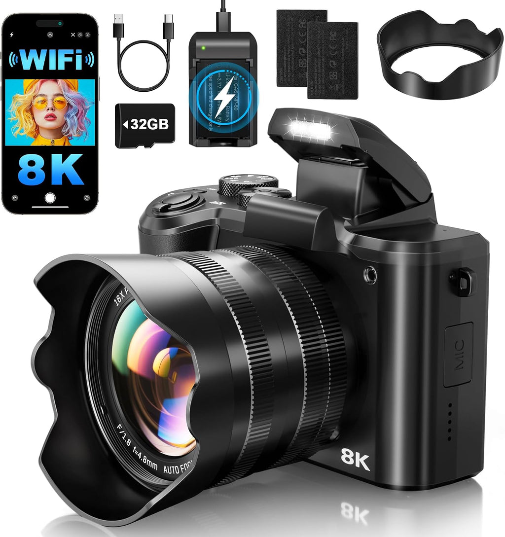 XNSIAKXA 8K Digital Cameras for Photography Autofocus 88MP WiFi Professional 16X Digital Zoom Photography Camera with Dual-Lens for YouTube with Lens Hood, Touch Screen, 2 Batteries & Charging Stand