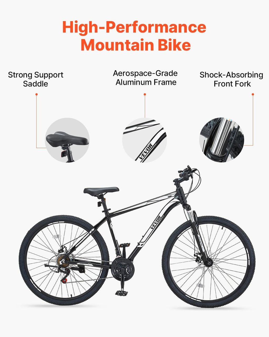 VEVOR Mountain Bike for Men/Women, 20'/26'/29' Sizes, 7/21/24 Speed Twist Shifting, Front or Dual Suspension, Dual Disc Brakes, Comfort Saddle, Sleek Colors