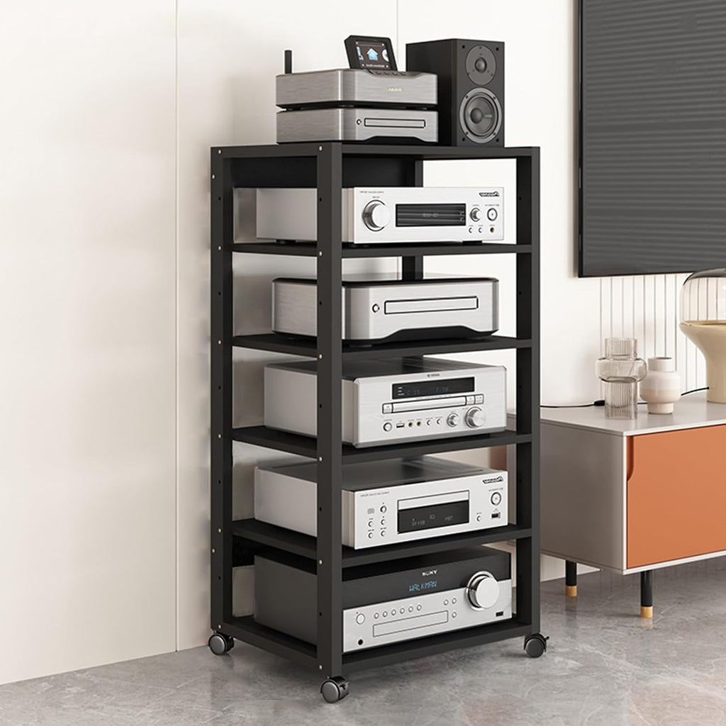 Audio Rack Av Tower Media Stand 5 6 7 Tier Electronics Equipment Shelf, Black Movable Record Player DVD Holder, Entertainment Video Game Console Cabinet Shelf(110cm/43.3in high(6 Tier))