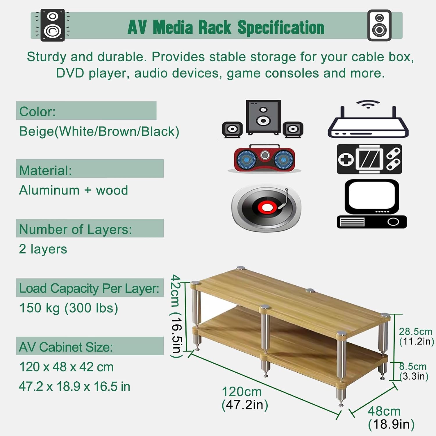 Home Theater AV Display Rack Heavy Duty, Audio Component Cabinet/Media Stereo Stand Equipment Shelf, 2 3 4 Tier Wooden Audio Equipment Organizer Shelf(Beige,120x48x42cm)