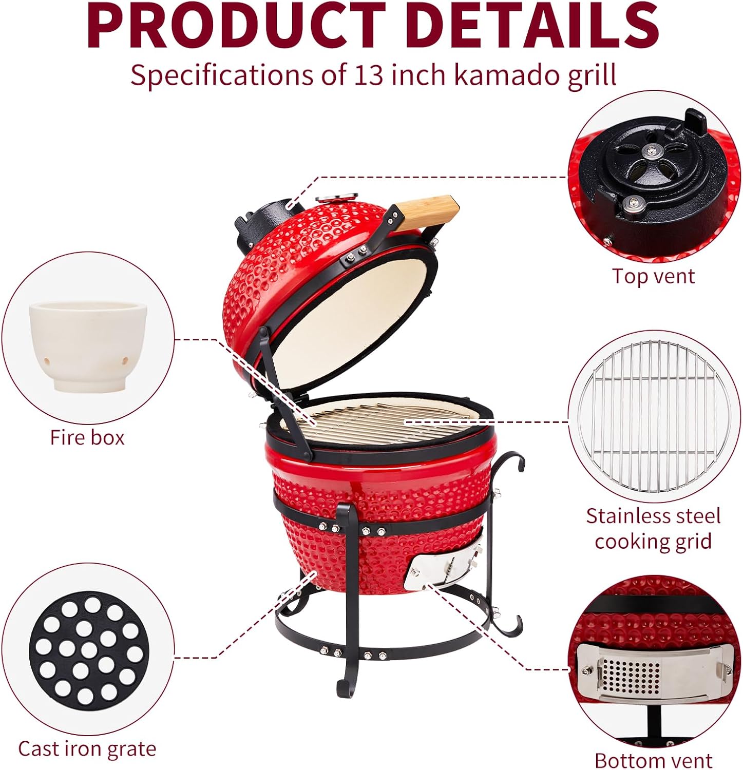 Outvita 13' Round Kamado Charcoal Grill, Portable Ceramic Barbecue Grill with Thermometer for Variations on Cooking Methods(Red)