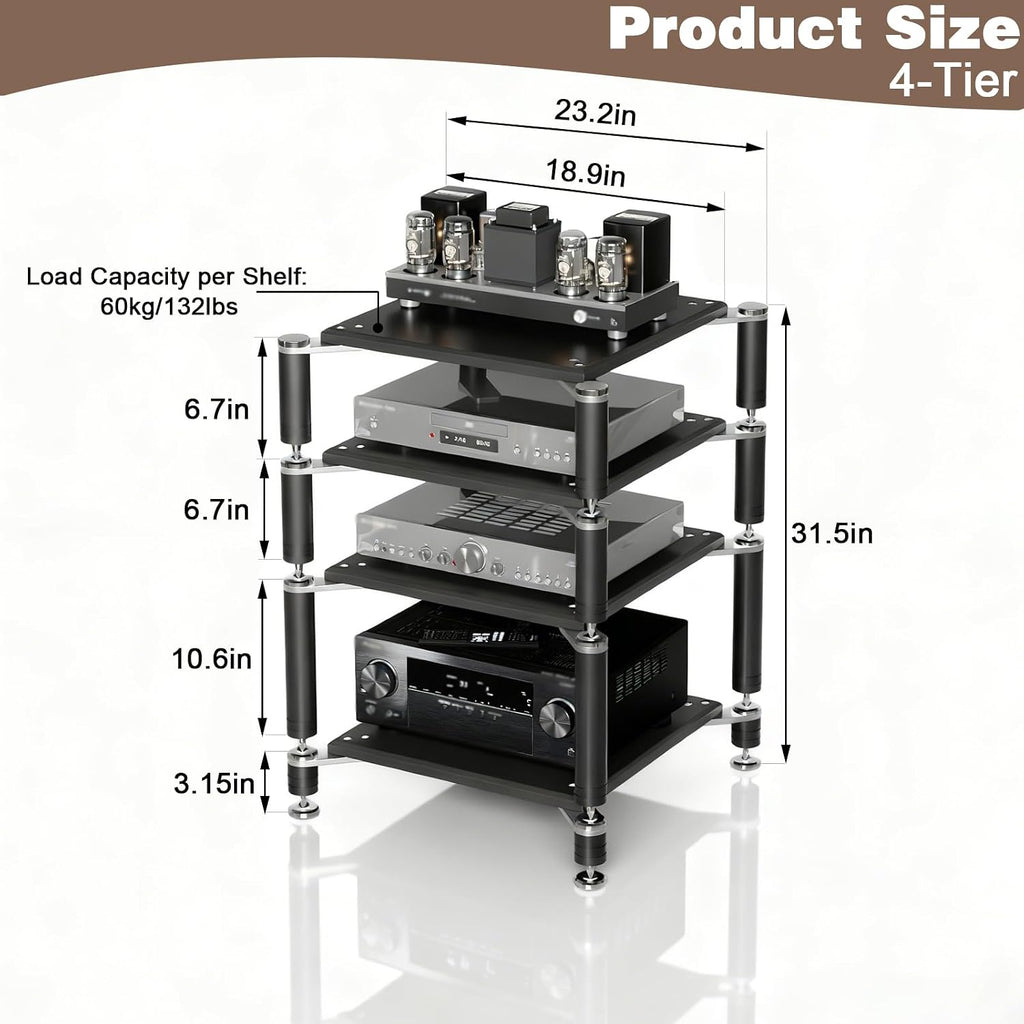4-Tier AV Media Stand, Heavy Duty Audio Rack with Shock-Absorbing Foot pegs, Open Design av Stand, Multi-Layer Stereo Equipment Rack for Home, Office, Theater (Walnut, 4-Tiers)