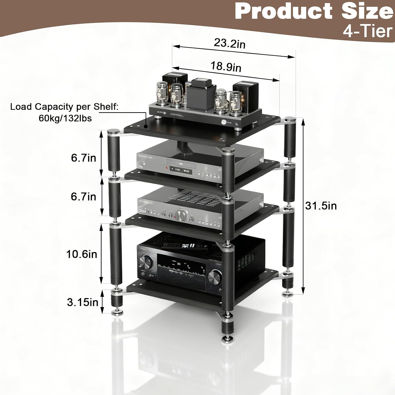4-Tier AV Media Stand, Heavy Duty Audio Rack with Shock-Absorbing Foot pegs, Open Design av Stand, Multi-Layer Stereo Equipment Rack for Home, Office, Theater (Walnut, 4-Tiers)