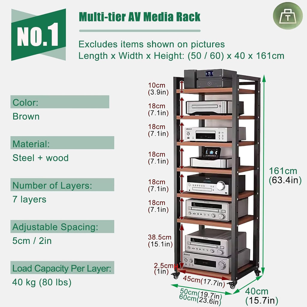 Movable Stereo Components Cabinet Rack with Adjustable Shelf - Av Media Shelf for Dvd Players/ Cd Changer/ TV Accessories/ Game Console - Audio Equipment Rolling Carts on Wheels(Brown,7 tier-60cm wide