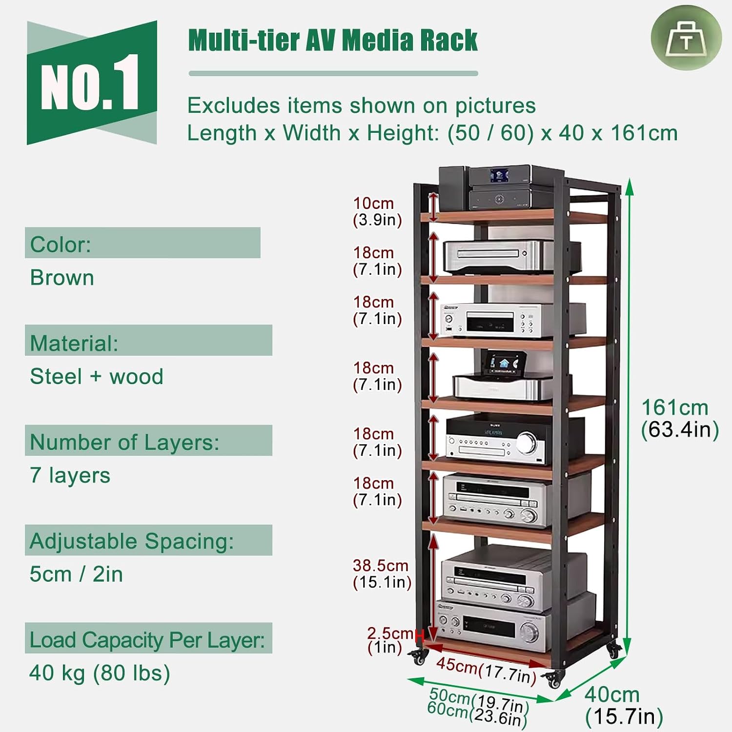 Movable Stereo Components Cabinet Rack with Adjustable Shelf - Av Media Shelf for Dvd Players/ Cd Changer/ TV Accessories/ Game Console - Audio Equipment Rolling Carts on Wheels(Brown,7 tier-60cm wide