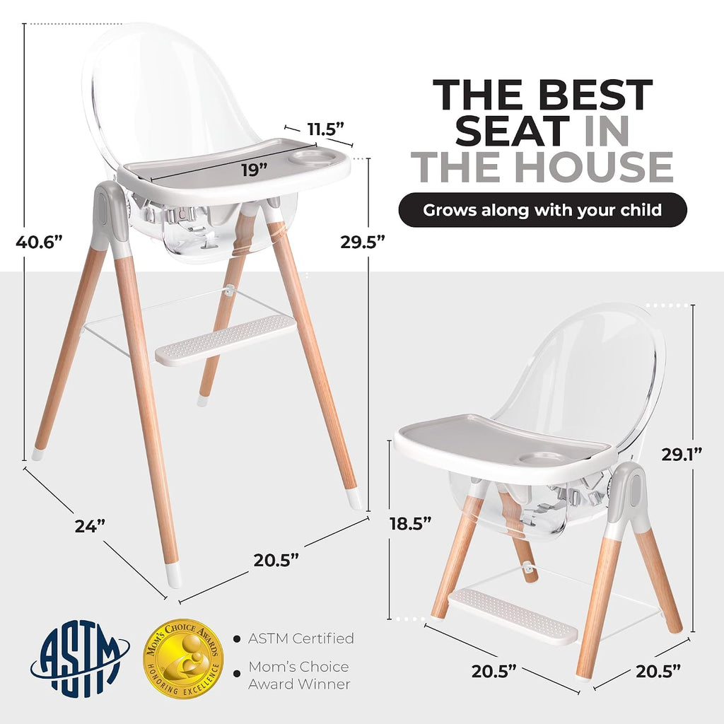 6 in 1 Deluxe Wooden High Chair for Babies & Toddlers, Modern Safe & Compact Baby Highchair, Easy to Clean & Assemble, Removable Tray, 6 Options 3 Seat Positions 2 Heights (Clear)