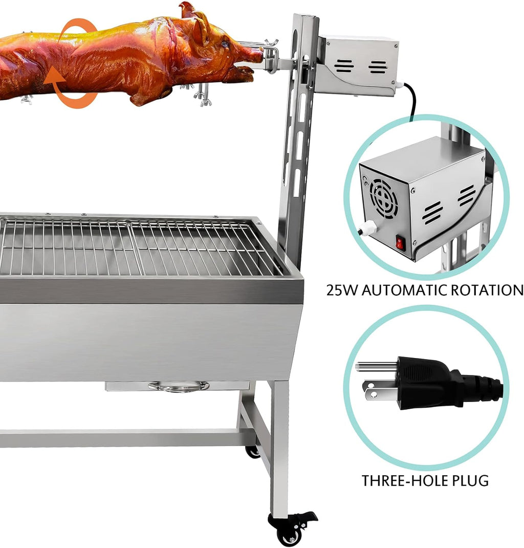 132LBS Stainless Steel Rotisserie Grill, 25W Motor Small Pig Lamb Rotisserie Roaster, 37'' 2 in 1 BBQ Charcoal Rotisserie Grill for Camping Outdoor Kitchen