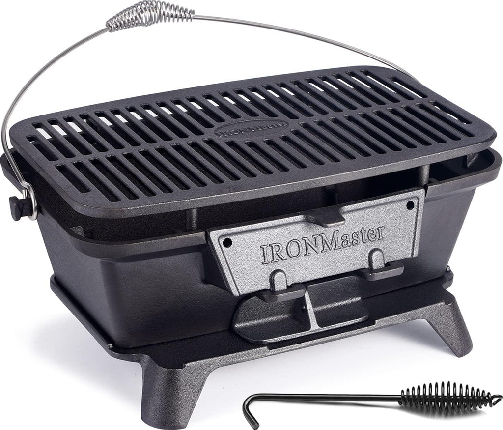 IronMaster Hibachi Grill Outdoor - Small Portable Charcoal Grill, 100% Cast Iron, Japanese Yakitori Tabletop Camping Grill - Cooking Grate Surface 17' x 10.5' for 5-8 People
