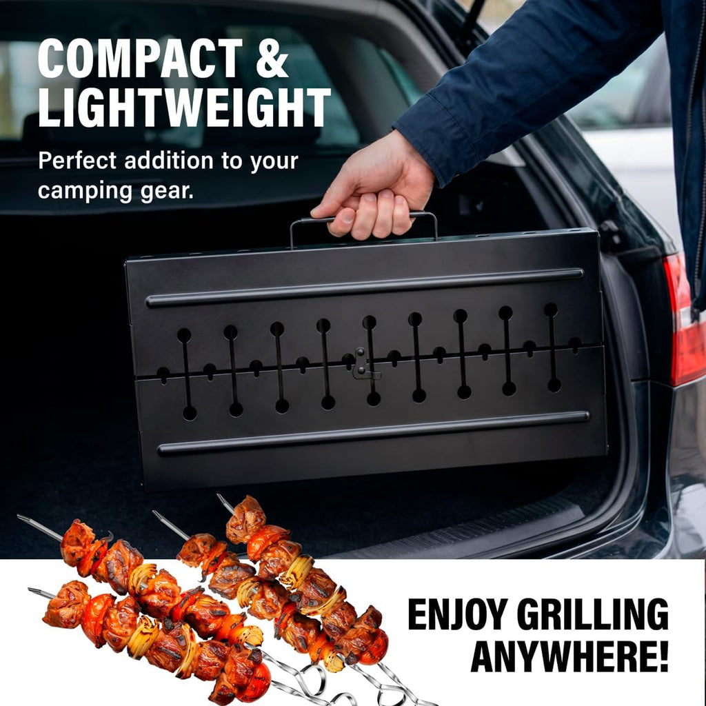 Charcoal Grill for 12 Skewers - Portable BBQ Mangal - Foldable Metal Grill for Shashlik, Kebab, Picnic, Outdoor Cooking (Skewers Not Included)