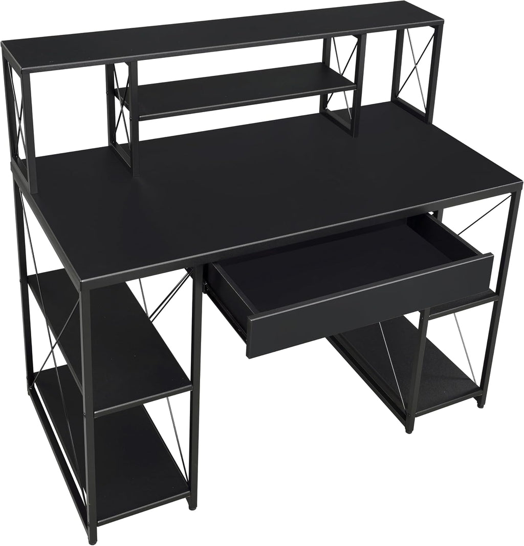 AMNOOL Office Desk with Open Shelves - Stylish Wood Recording Studio Workstation with Drawer and Compartments for Audio Equipment, Cables, and Accessories (Black)