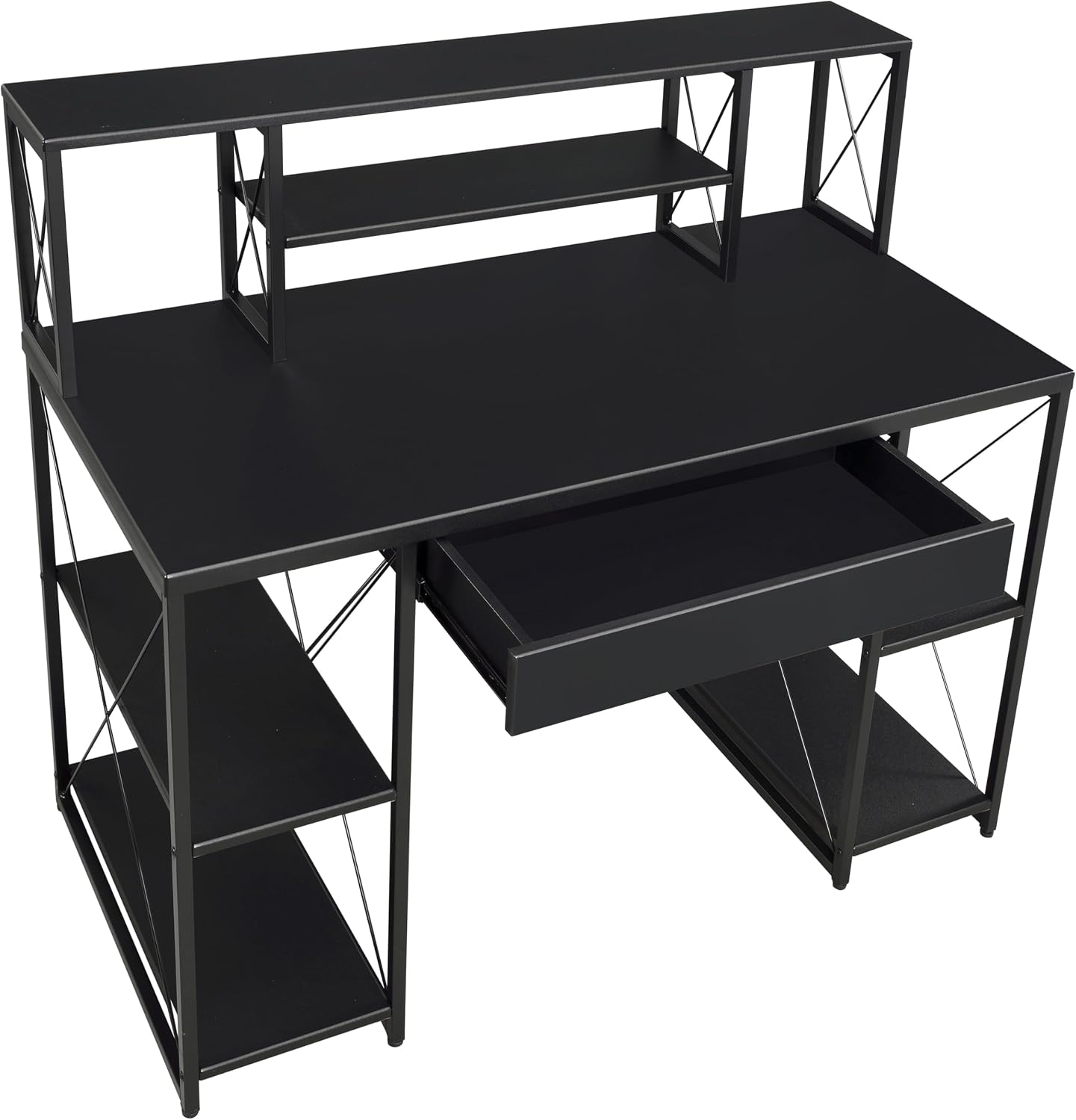 AMNOOL Office Desk with Open Shelves - Stylish Wood Recording Studio Workstation with Drawer and Compartments for Audio Equipment, Cables, and Accessories (Black)
