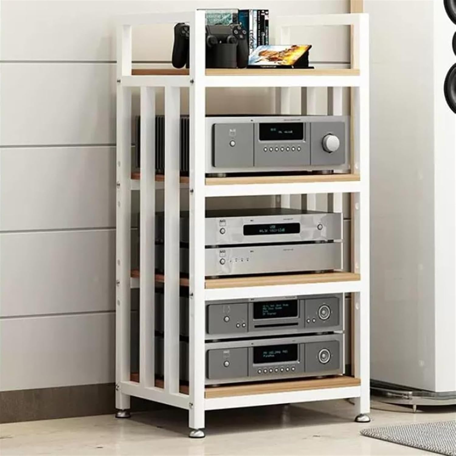 AV Media Stand,Media Stand, Audio Rack Av Stand Tower Power Amplifier Equipment Cabinet Floor-Standing Retro Storage Shelves with Height Adjustable Wooden Shelf(White+Walnut)