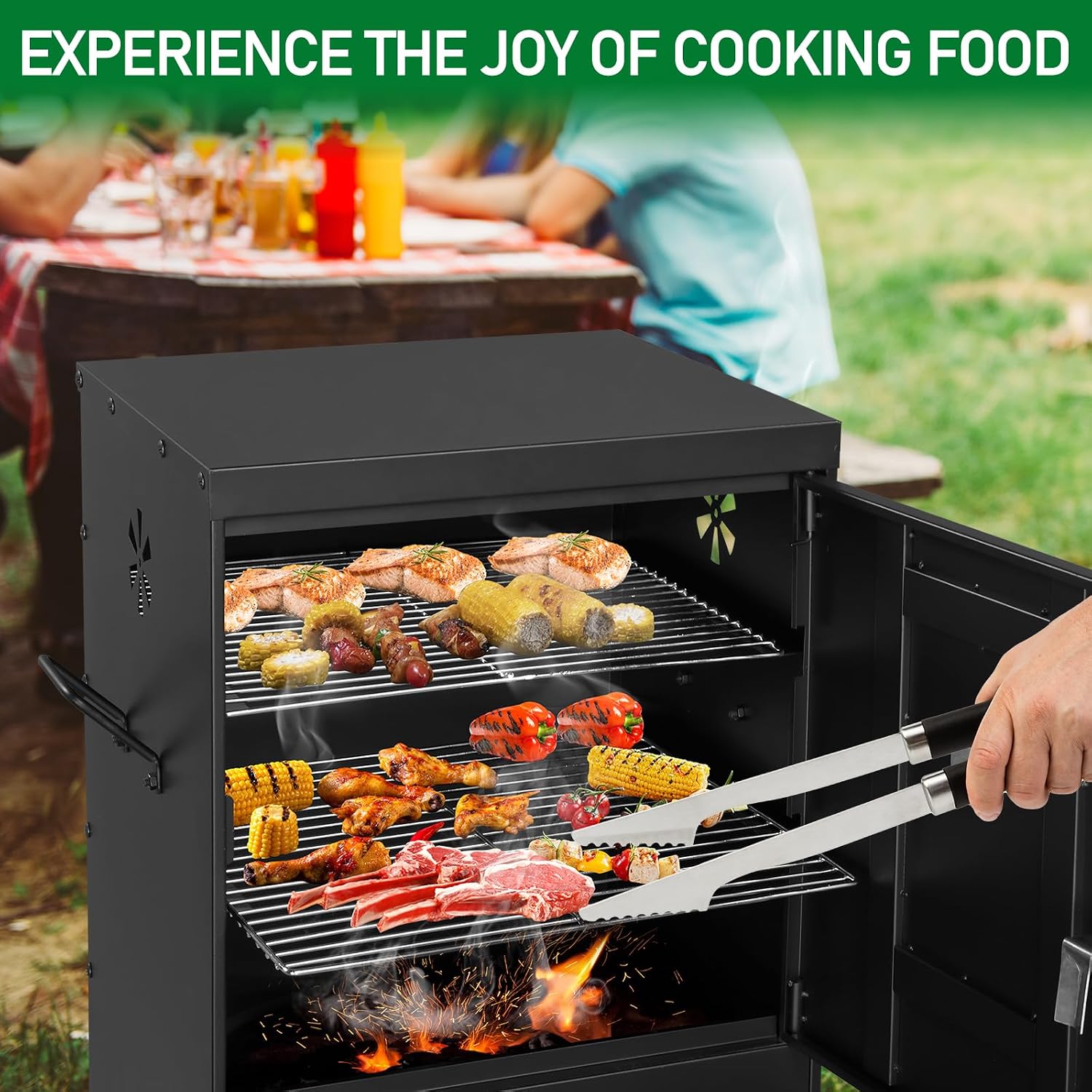 ROVSUN 2-in-1 Outdoor Smoker with Double Doors, Vertical Portable Charcoal Grill with Two Detachable Grill Smoking Racks and Charcoal Pan, Perfect for Camping Barbecue, Black