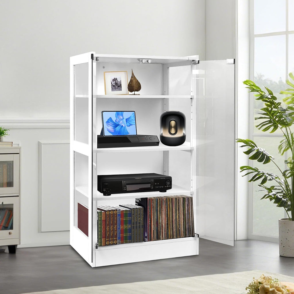 Qupui 4-Tier Media Cabinet with LED Lighting, Audio/Video Stand Featuring Built-in USB Ports and Electrical Outlets, Designed for Living Rooms and Gaming Spaces, Glass Doors
