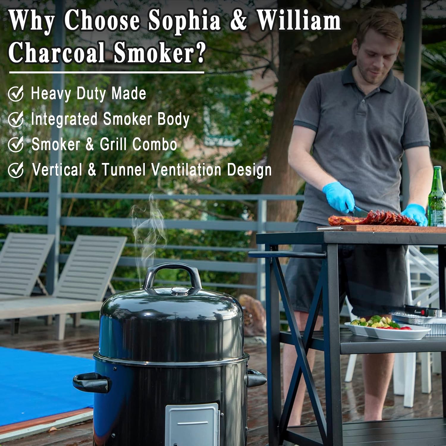 Sophia & William 17' Vertical Charcoal Smoker Grills with Two-Tier Grates, Heavy-Duty Integral Chamber and Tunnel Ventilation System for BBQ, Patio, Outdoor Camping(Black)