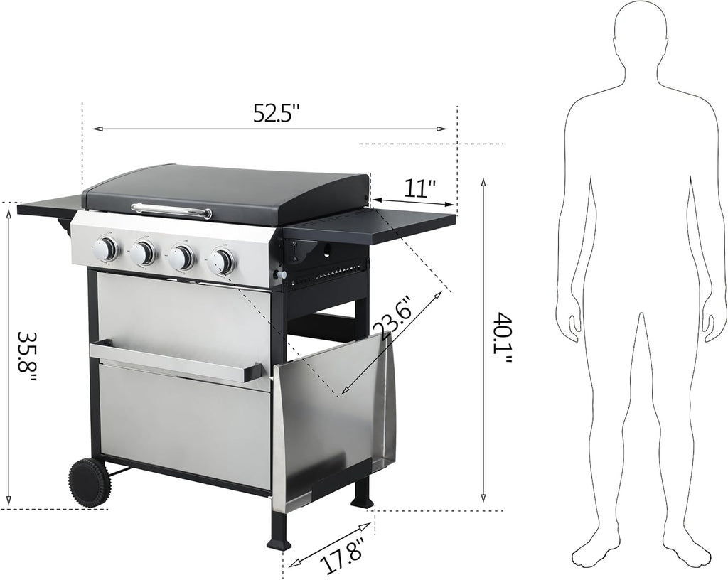 4-Burner Propane Gas BBQ Grill, SS Plancha, 49200BTU Output With Wire Enamel Cooking Grids For Outdoor Barbecue, Foldable Side Table, Hanging Basket, Stainless Steel