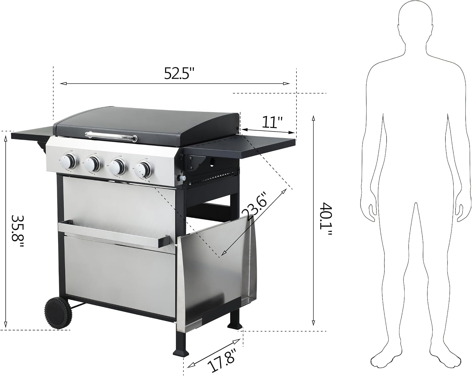 4-Burner Propane Gas BBQ Grill, SS Plancha, 49200BTU Output With Wire Enamel Cooking Grids For Outdoor Barbecue, Foldable Side Table, Hanging Basket, Stainless Steel