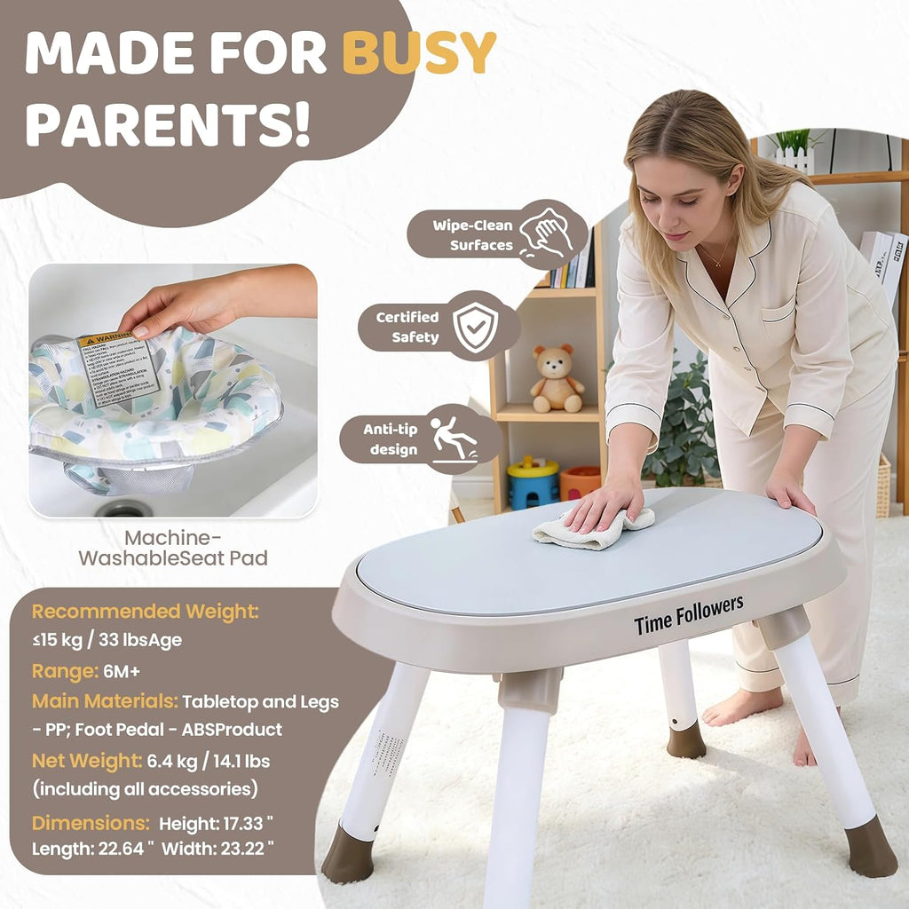 Time Followers® 6-in-1 Baby Activity Center | 4 Stage Montessori-Inspired Toys | Grow Stationary Standing Toddler Table | Jumpers & Bouncers | Must Have for Boy & Girl 6, 12, 24+ Month Old (Beige)