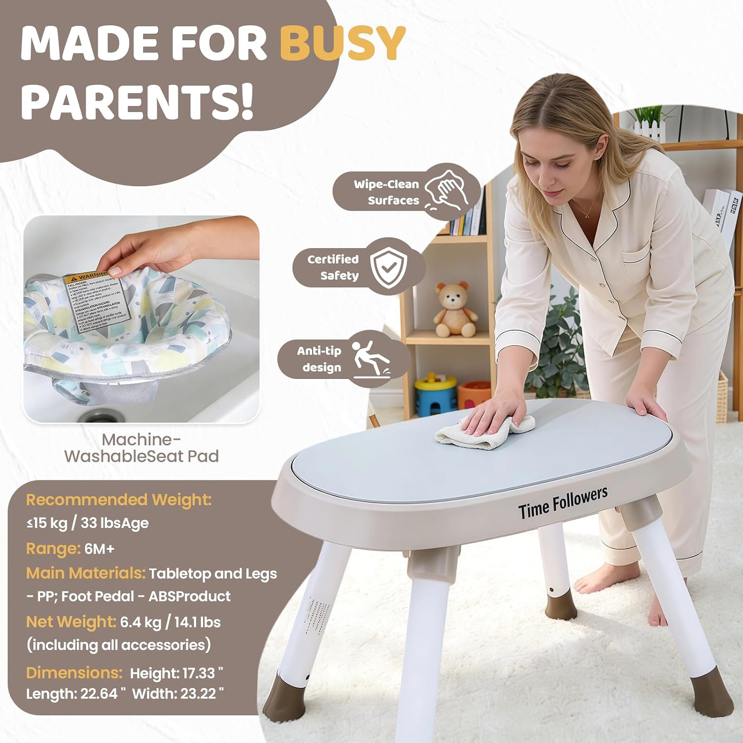 Time Followers® 6-in-1 Baby Activity Center | 4 Stage Montessori-Inspired Toys | Grow Stationary Standing Toddler Table | Jumpers & Bouncers | Must Have for Boy & Girl 6, 12, 24+ Month Old (Beige)