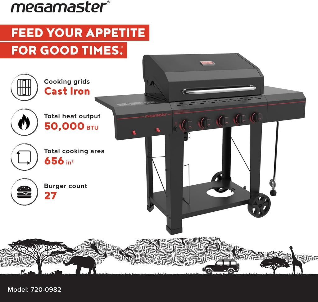 Megamaster 5-Burner Propane Gas Grill with Side Tables, Accessory Hooks, 50,000 BTUs, 656 SQ. In. Cooking Space, 2 Wheel Transport, Outdoor Kitchen Grill for BBQs, Backyards, and More - 720-0982