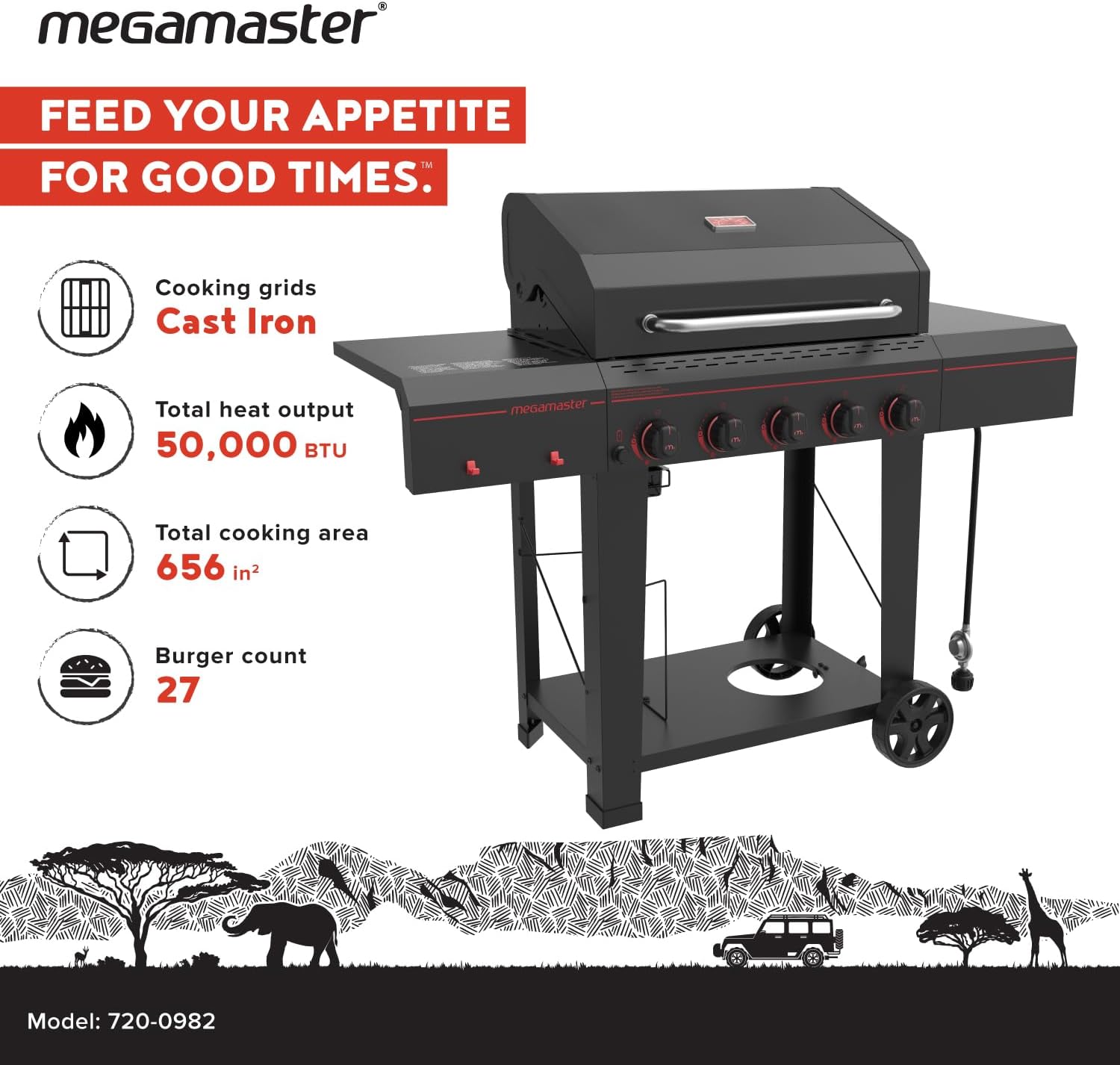 Megamaster 5-Burner Propane Gas Grill with Side Tables, Accessory Hooks, 50,000 BTUs, 656 SQ. In. Cooking Space, 2 Wheel Transport, Outdoor Kitchen Grill for BBQs, Backyards, and More - 720-0982