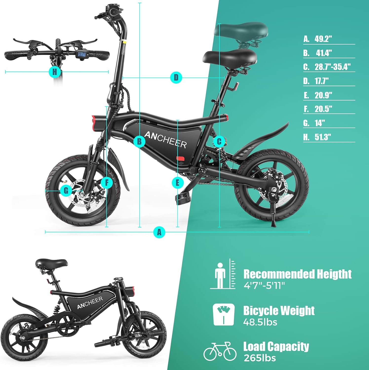 ANCHEER Folding Electric Bike for Adults, 374Wh Ebike, 20MPH Electric Bikes, 14' Foldable Electric Bicycle, 20-50 Miles Electric Bikes, E Bike, LCD Display, Dual Suspension, UL2849 Compliant