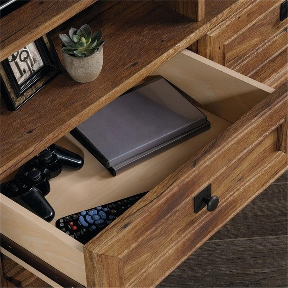 Pemberly Row Corner TV Stand, Engineered Wood, Fits TVs up to 60 in, Vintage Oak Finish, Open Shelving, Adjustable Storage, Drawers with Safety Stops, Cable Management, Space-Saving Design for Living