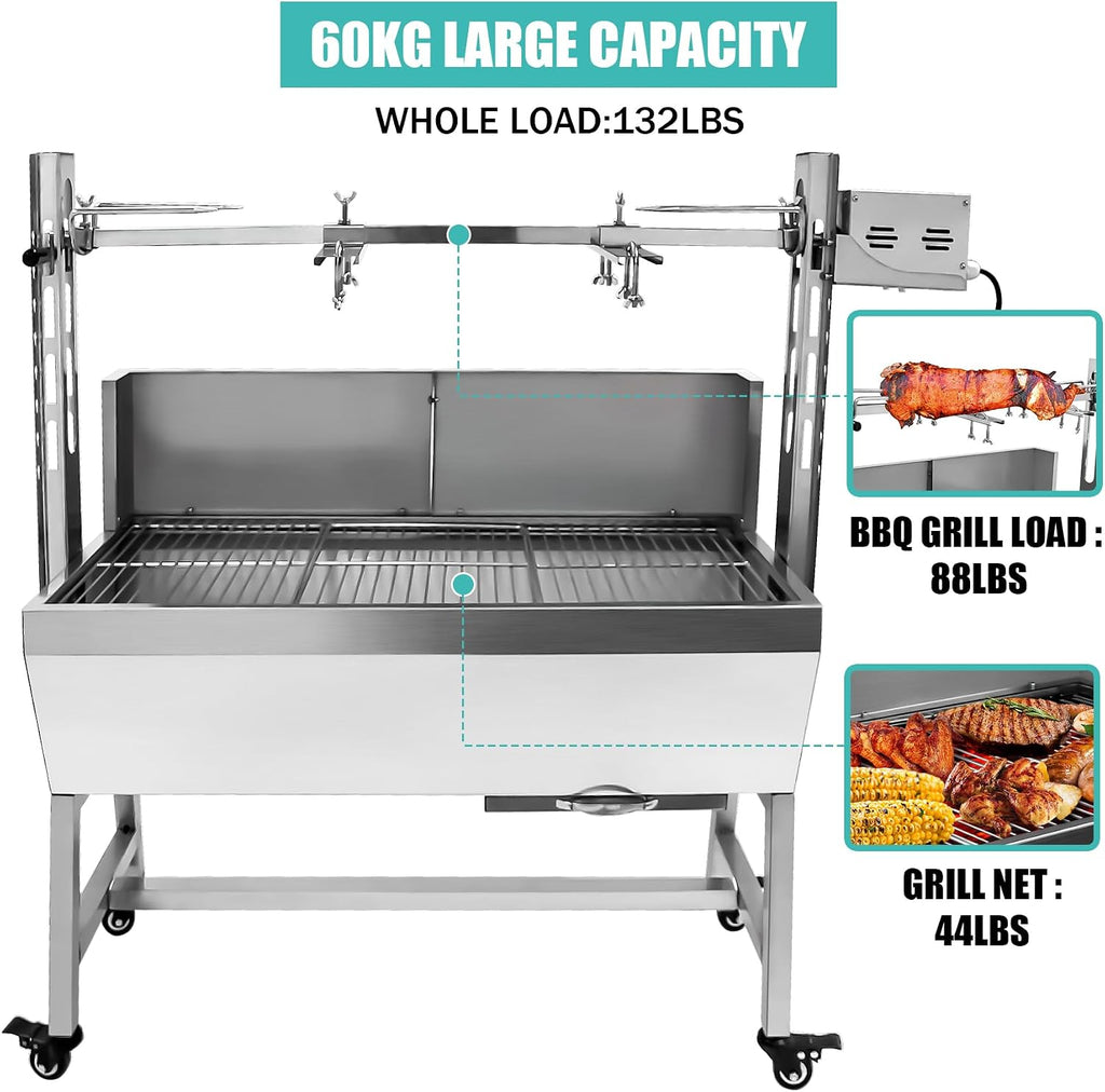 132LBS Stainless Steel Rotisserie Grill Roaster Small Pig Lamb with Back Cover Guard 25W Motor for Camping Outdoor BBQ Silver