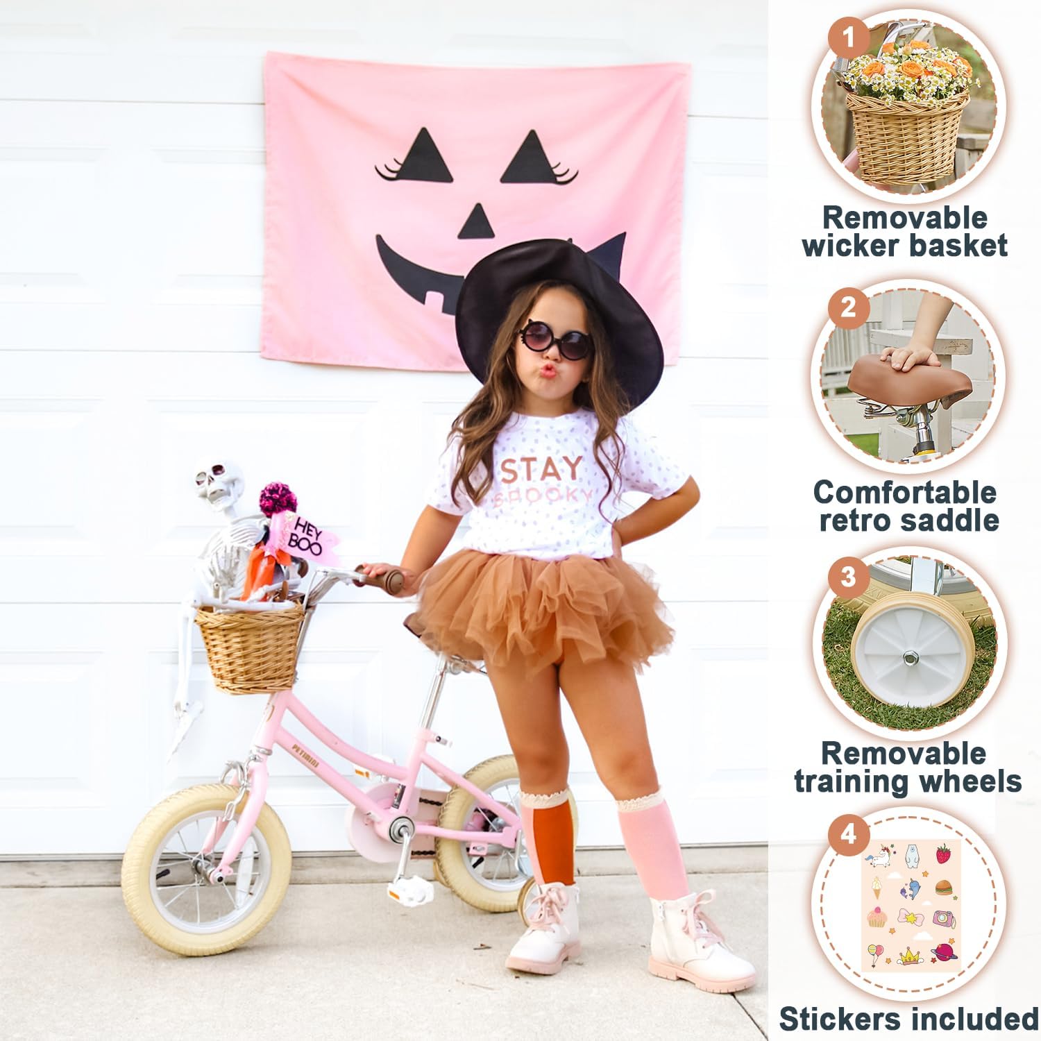 Petimini Vintage Kids Bike for Girls, 12–20 Inch Classic Bicycle with Wicker Basket & Bell, High Tensile Steel Frame, Training Wheels (12–18'), 85% Pre-Assembled, Retro Bike for Outdoor Riding